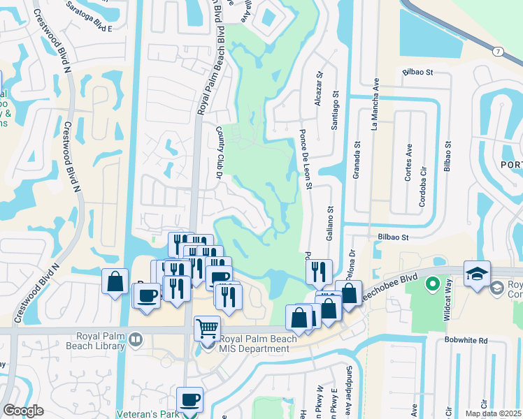 map of restaurants, bars, coffee shops, grocery stores, and more near 142 Prestige Drive in Royal Palm Beach