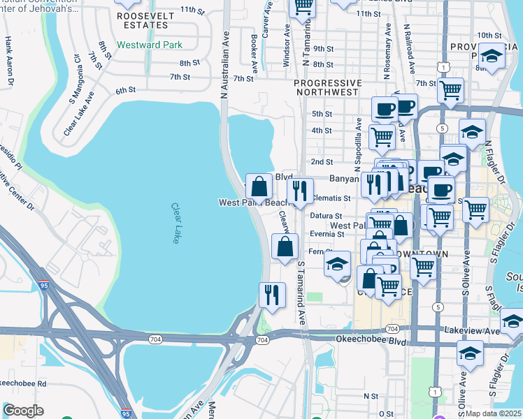 map of restaurants, bars, coffee shops, grocery stores, and more near 250 South Australian Avenue in West Palm Beach