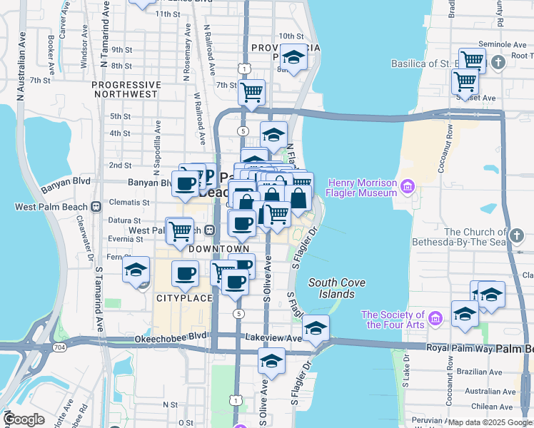 map of restaurants, bars, coffee shops, grocery stores, and more near 217 Clematis Street in West Palm Beach