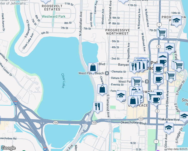 map of restaurants, bars, coffee shops, grocery stores, and more near 250 North Australian Avenue in West Palm Beach