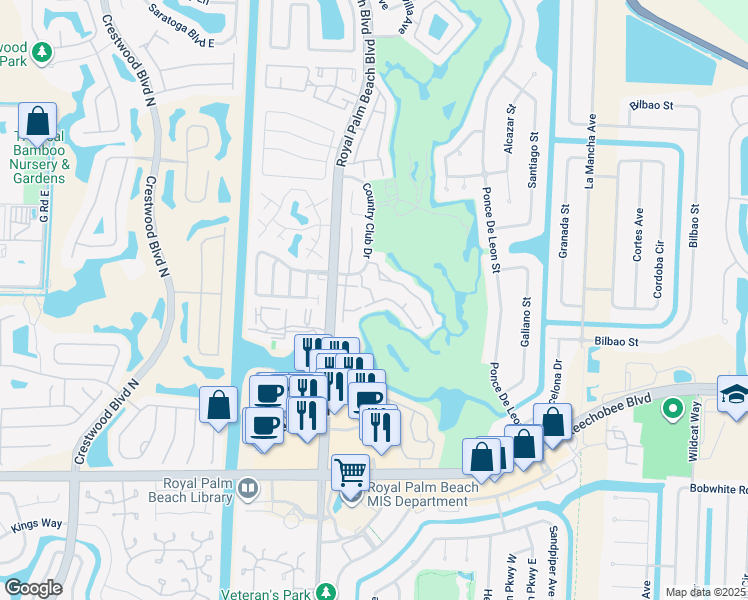 map of restaurants, bars, coffee shops, grocery stores, and more near 104 Palm Beach Trace Drive in Royal Palm Beach