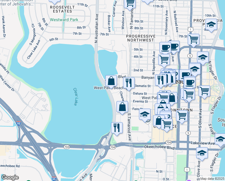 map of restaurants, bars, coffee shops, grocery stores, and more near 250 North Australian Avenue in West Palm Beach