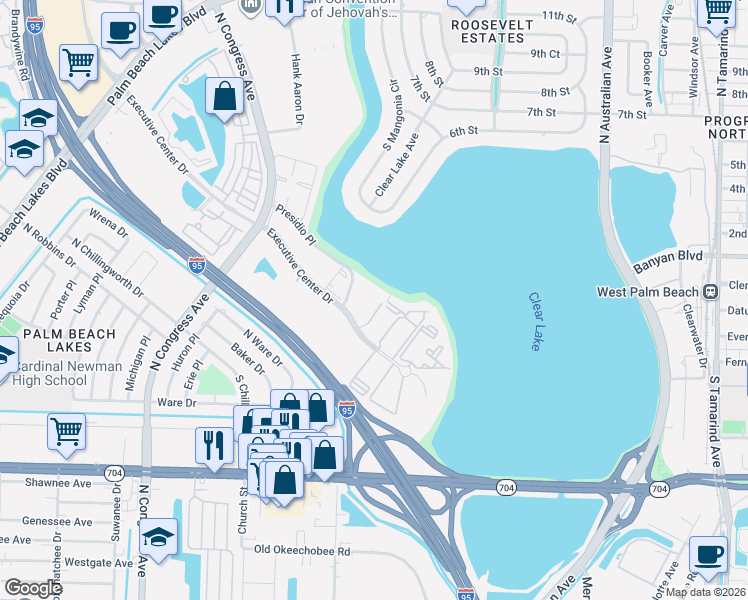 map of restaurants, bars, coffee shops, grocery stores, and more near 540 Executive Center Drive in West Palm Beach