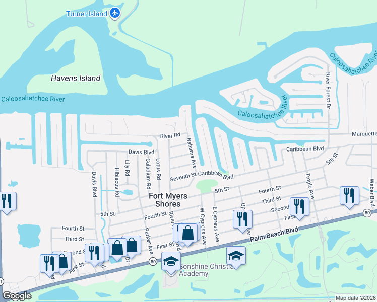 map of restaurants, bars, coffee shops, grocery stores, and more near 2050 Bahama Avenue in Fort Myers