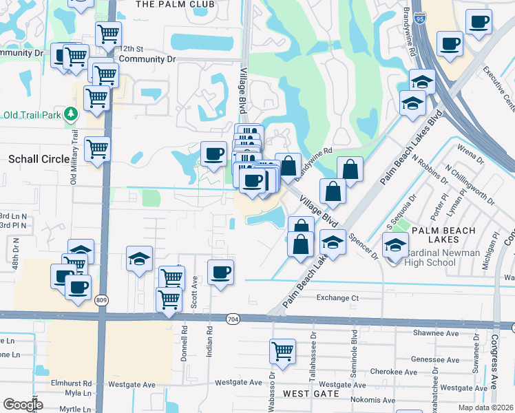 map of restaurants, bars, coffee shops, grocery stores, and more near 771 Village Boulevard in West Palm Beach