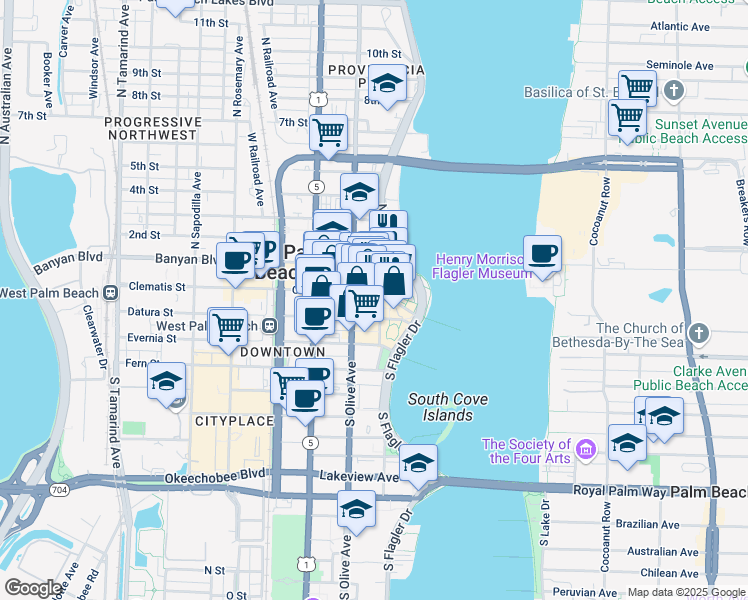 map of restaurants, bars, coffee shops, grocery stores, and more near 206 Clematis Street in West Palm Beach
