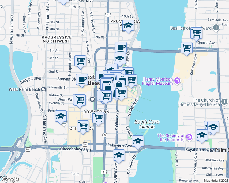 map of restaurants, bars, coffee shops, grocery stores, and more near 217 Clematis Street in West Palm Beach