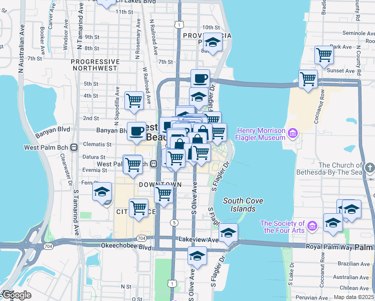 map of restaurants, bars, coffee shops, grocery stores, and more near 217 Clematis Street in West Palm Beach