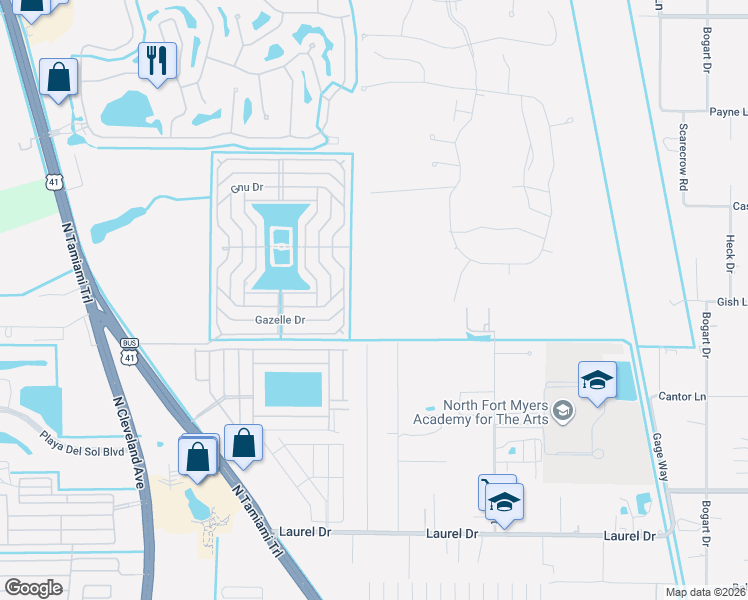 map of restaurants, bars, coffee shops, grocery stores, and more near 26 Eland Dr in North Fort Myers