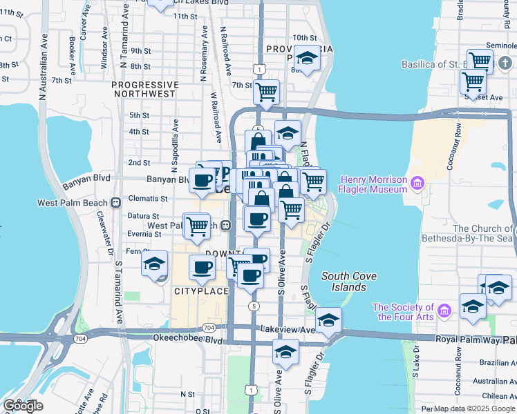 map of restaurants, bars, coffee shops, grocery stores, and more near 340 Clematis Street in West Palm Beach