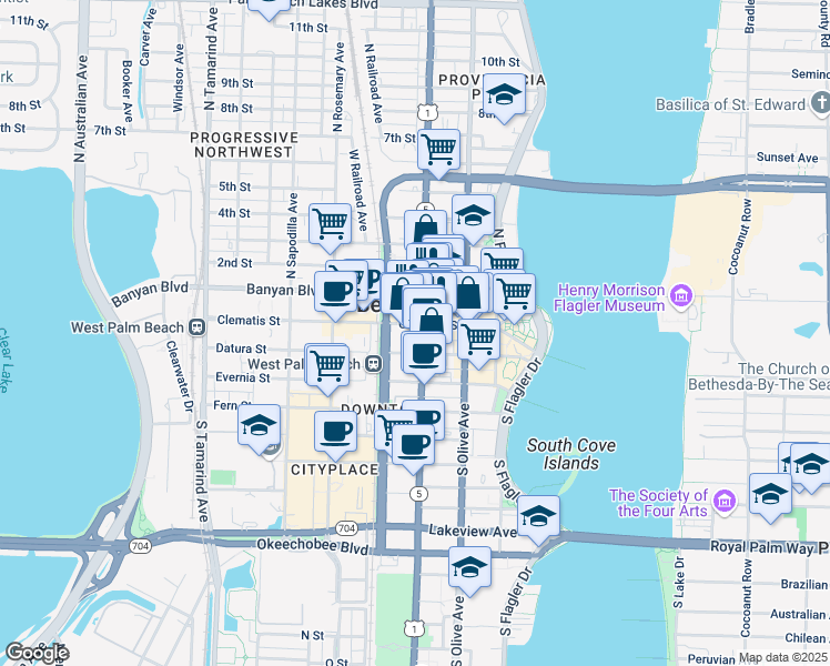 map of restaurants, bars, coffee shops, grocery stores, and more near 340 Clematis Street in West Palm Beach