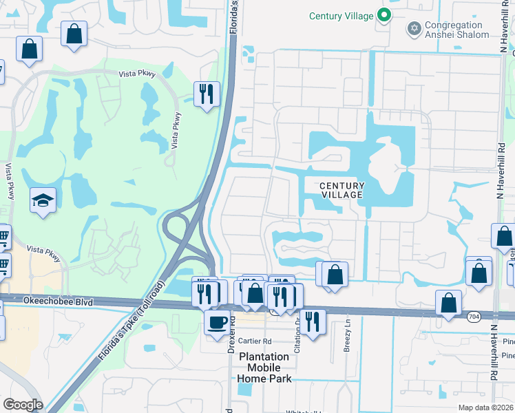 map of restaurants, bars, coffee shops, grocery stores, and more near 357 Camden Drive in West Palm Beach