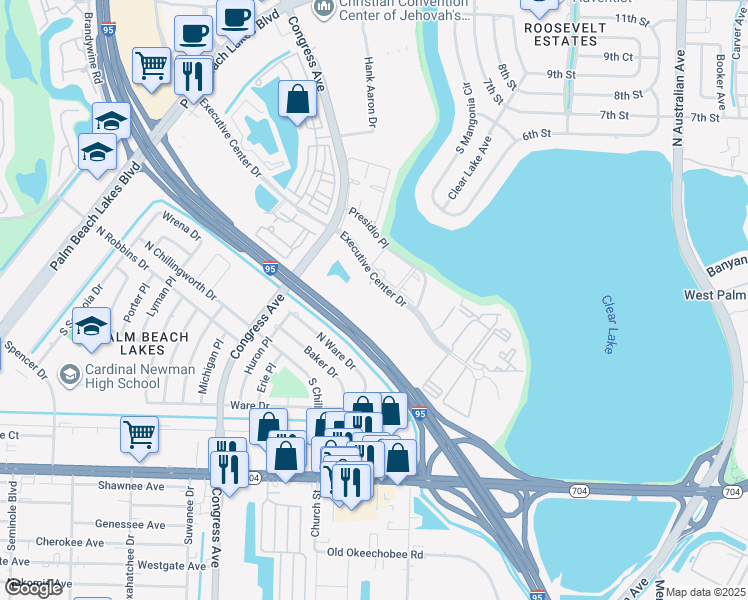 map of restaurants, bars, coffee shops, grocery stores, and more near 325 Executive Center Drive in West Palm Beach