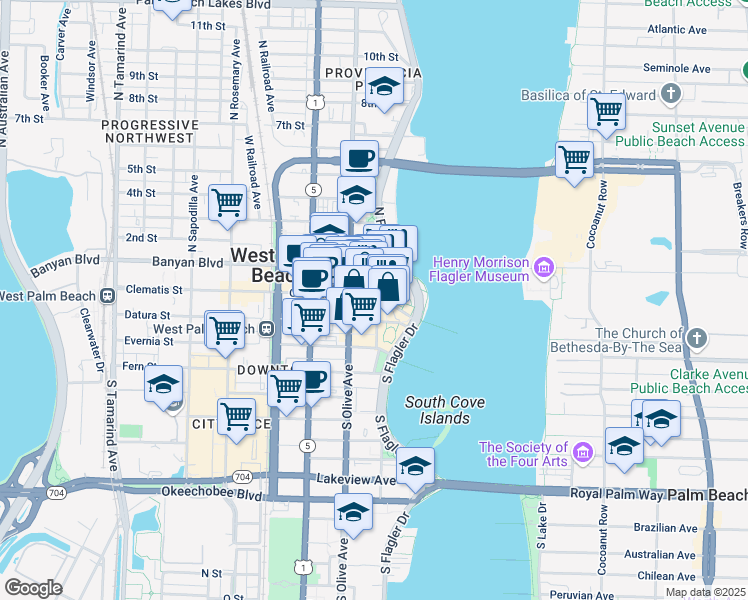 map of restaurants, bars, coffee shops, grocery stores, and more near 206 Clematis Street in West Palm Beach