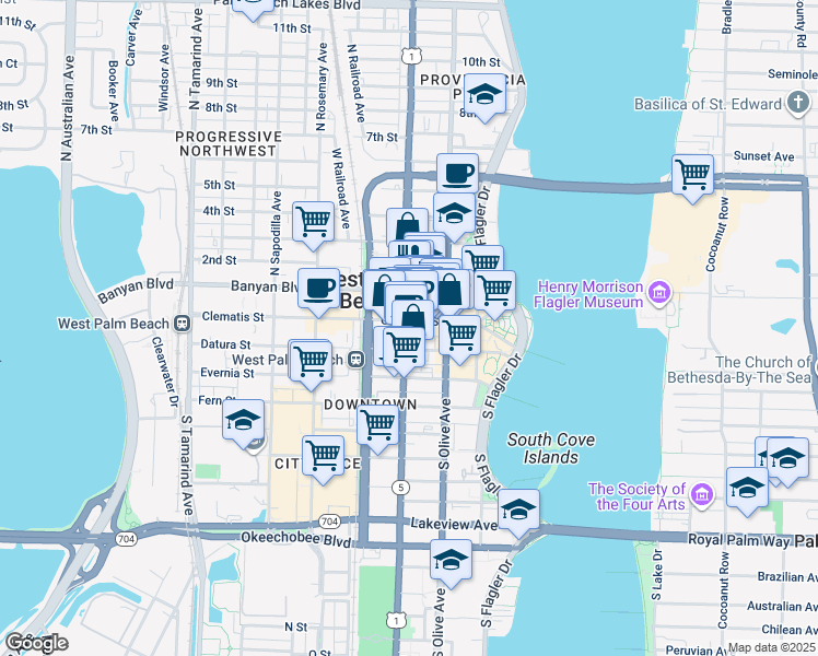 map of restaurants, bars, coffee shops, grocery stores, and more near 340 Clematis Street in West Palm Beach