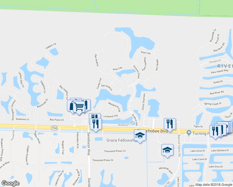 map of restaurants, bars, coffee shops, grocery stores, and more near 8734 San Andros in Royal Palm Beach