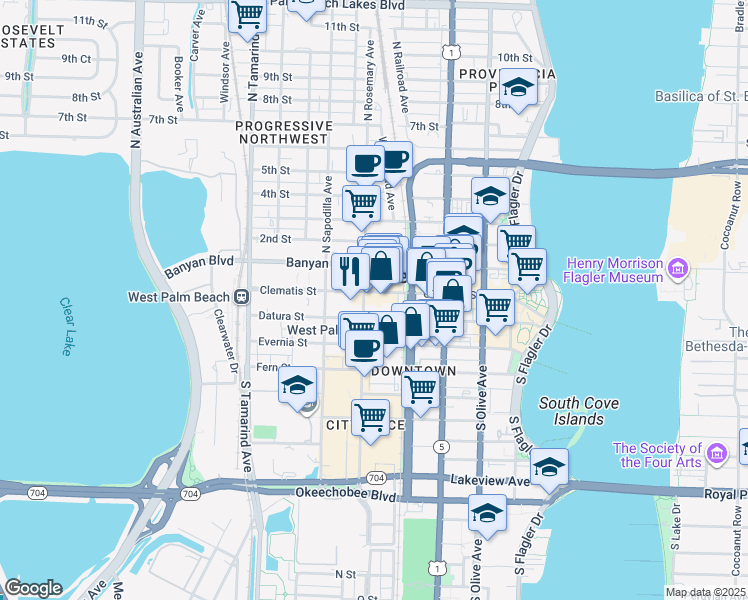map of restaurants, bars, coffee shops, grocery stores, and more near in West Palm Beach