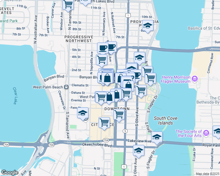 map of restaurants, bars, coffee shops, grocery stores, and more near in West Palm Beach