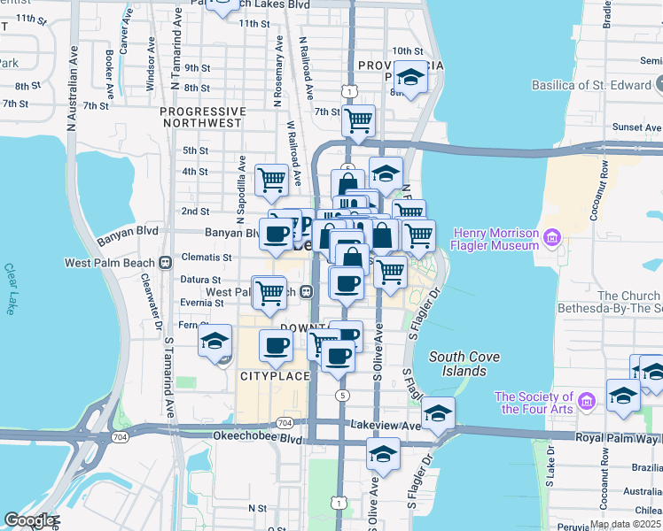 map of restaurants, bars, coffee shops, grocery stores, and more near 416 Clematis Street in West Palm Beach