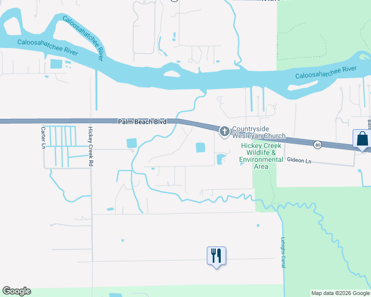 map of restaurants, bars, coffee shops, grocery stores, and more near 2070 Hickeys Creekside Drive in Alva