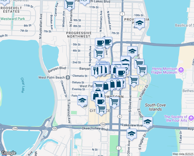 map of restaurants, bars, coffee shops, grocery stores, and more near 610 Clematis Street in West Palm Beach
