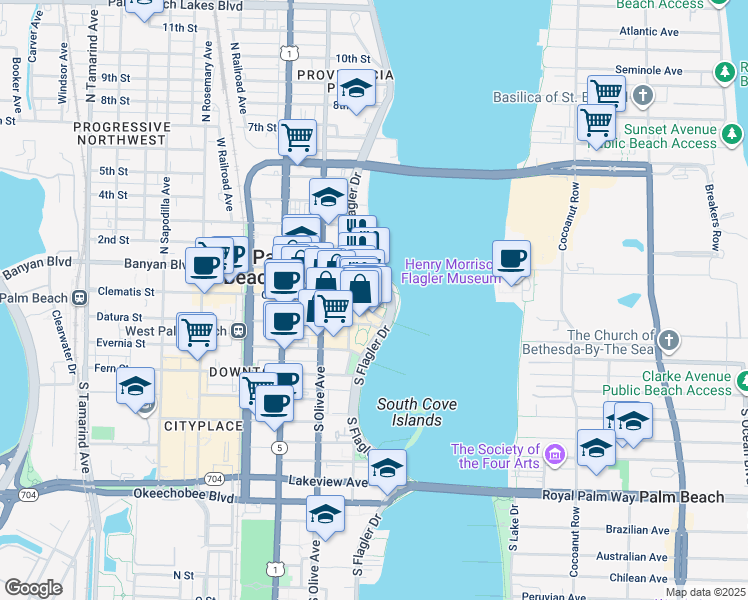 map of restaurants, bars, coffee shops, grocery stores, and more near 101 South Flagler Drive in West Palm Beach