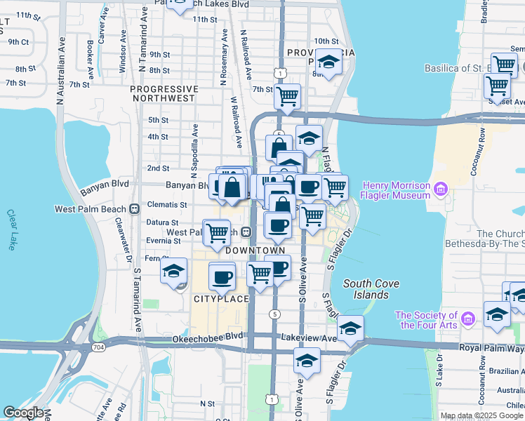 map of restaurants, bars, coffee shops, grocery stores, and more near 416 Clematis Street in West Palm Beach