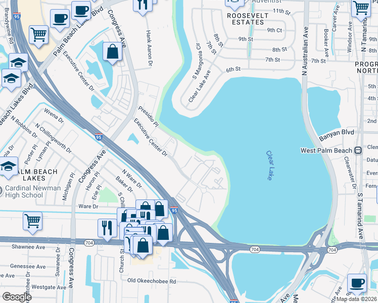 map of restaurants, bars, coffee shops, grocery stores, and more near 480 Executive Center Drive in West Palm Beach