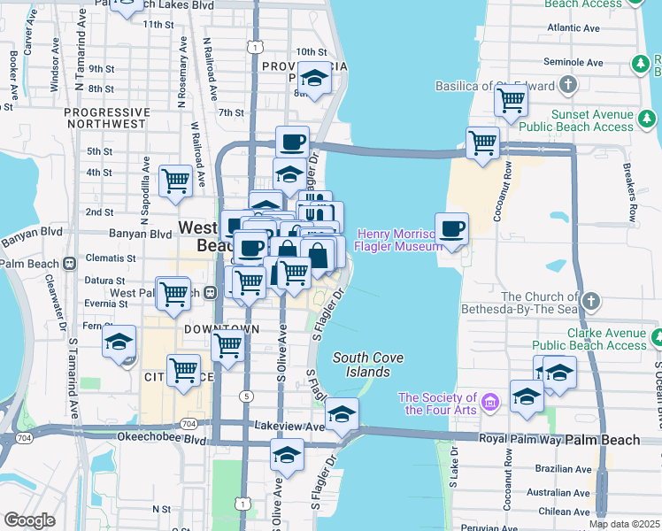 map of restaurants, bars, coffee shops, grocery stores, and more near 101-145 South Flagler Drive in West Palm Beach