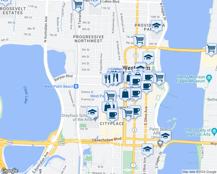 map of restaurants, bars, coffee shops, grocery stores, and more near 610 Clematis Street in West Palm Beach