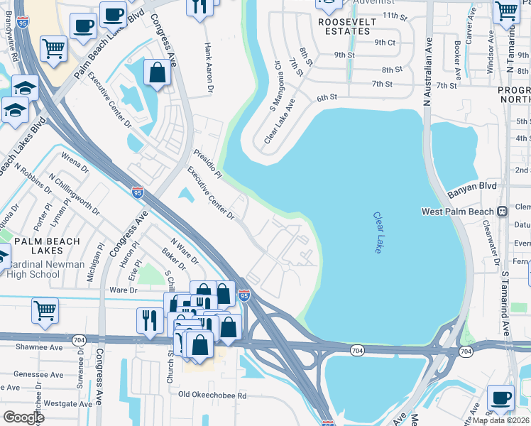 map of restaurants, bars, coffee shops, grocery stores, and more near 540 Executive Center Drive in West Palm Beach