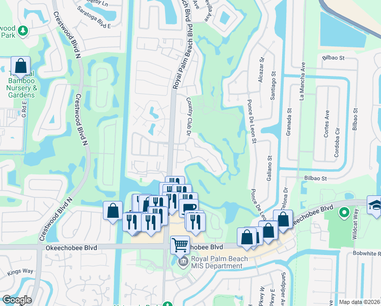 map of restaurants, bars, coffee shops, grocery stores, and more near 104 Palm Beach Trace Drive in Royal Palm Beach