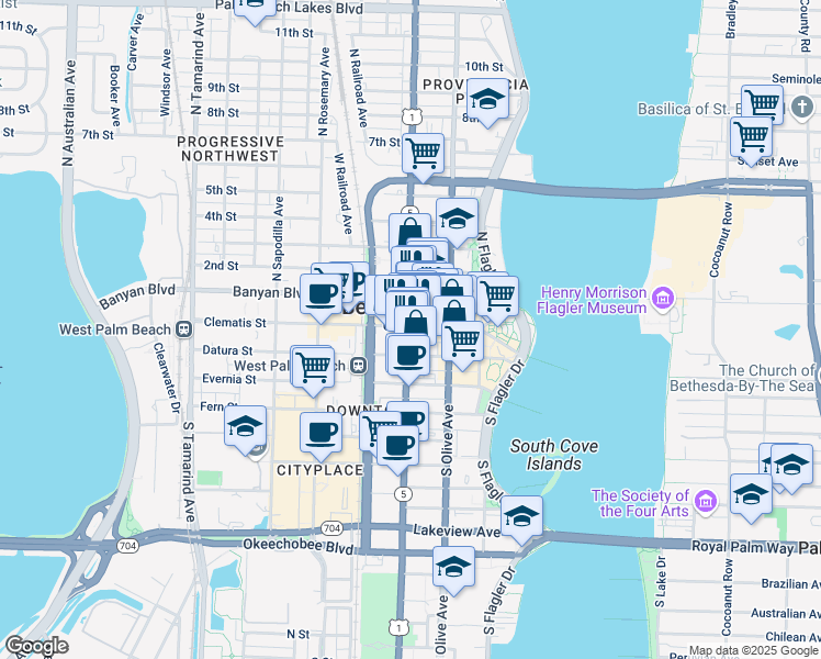 map of restaurants, bars, coffee shops, grocery stores, and more near 340 Clematis Street in West Palm Beach