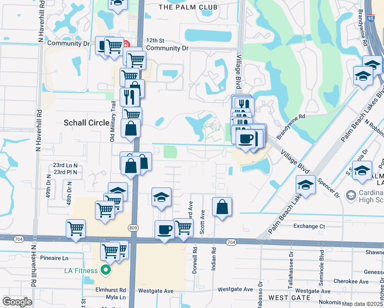map of restaurants, bars, coffee shops, grocery stores, and more near Northwood University Drive in West Palm Beach