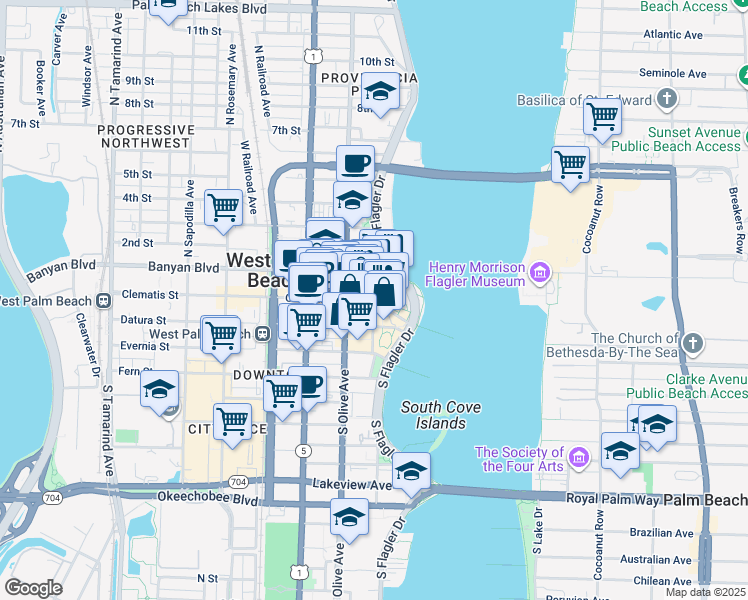 map of restaurants, bars, coffee shops, grocery stores, and more near 208 North Clematis Street in West Palm Beach