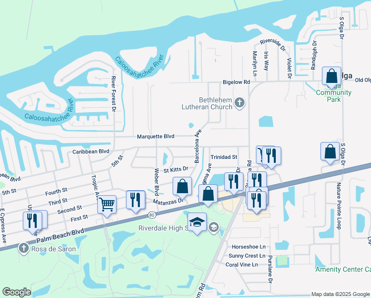 map of restaurants, bars, coffee shops, grocery stores, and more near 14055 Caribbean Boulevard in Fort Myers