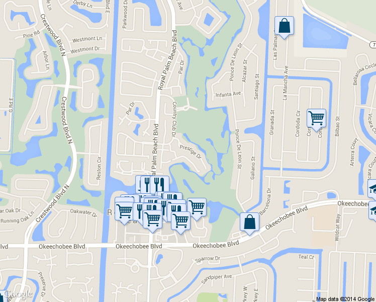 map of restaurants, bars, coffee shops, grocery stores, and more near 127 Prestige Drive in Royal Palm Beach