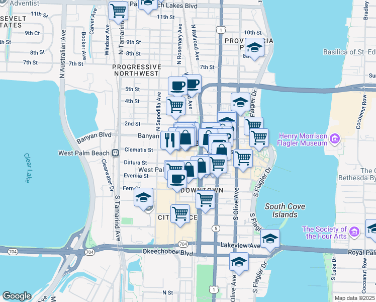 map of restaurants, bars, coffee shops, grocery stores, and more near in West Palm Beach