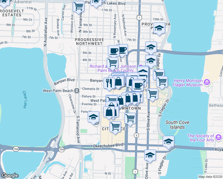 map of restaurants, bars, coffee shops, grocery stores, and more near 610 Clematis Street in West Palm Beach