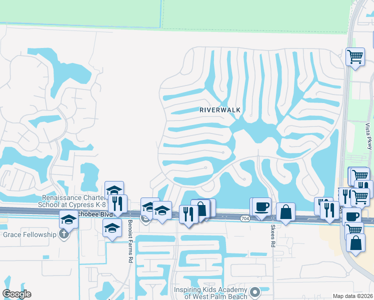 map of restaurants, bars, coffee shops, grocery stores, and more near 7709 Red River Road in West Palm Beach