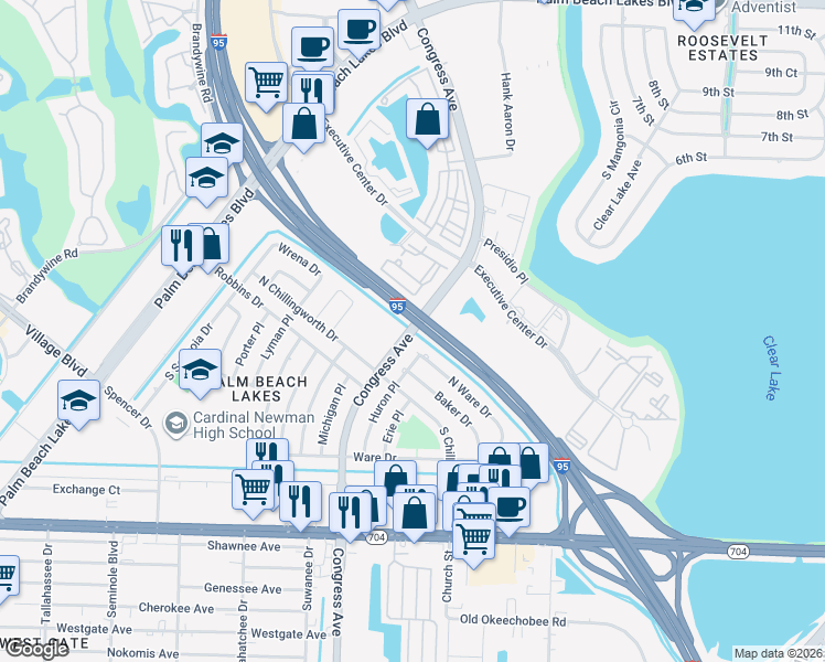 map of restaurants, bars, coffee shops, grocery stores, and more near 2009 North Congress Avenue in West Palm Beach