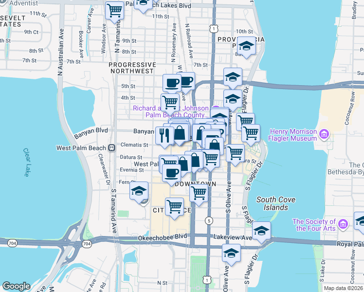 map of restaurants, bars, coffee shops, grocery stores, and more near in West Palm Beach