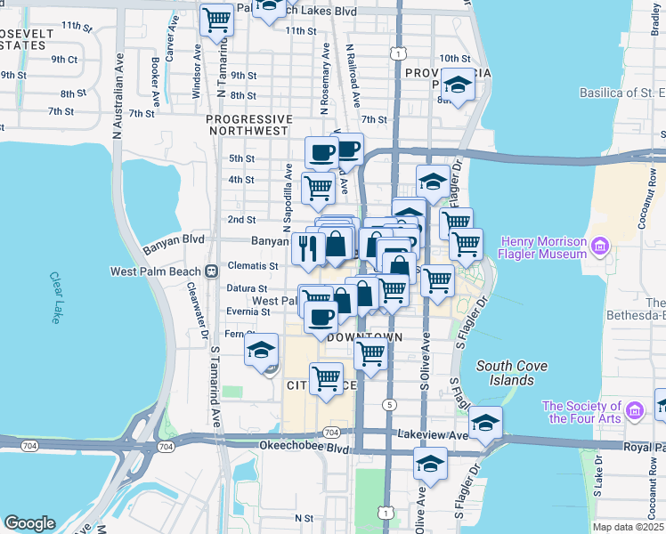 map of restaurants, bars, coffee shops, grocery stores, and more near Clematis Street in West Palm Beach
