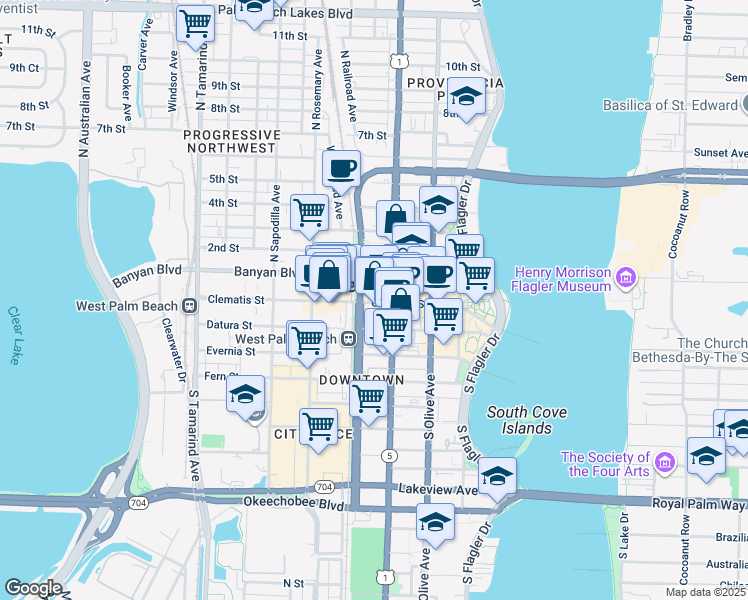 map of restaurants, bars, coffee shops, grocery stores, and more near 411 North Clematis Street in West Palm Beach
