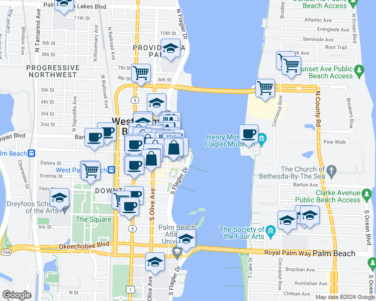 map of restaurants, bars, coffee shops, grocery stores, and more near 105 South Flagler Drive in West Palm Beach