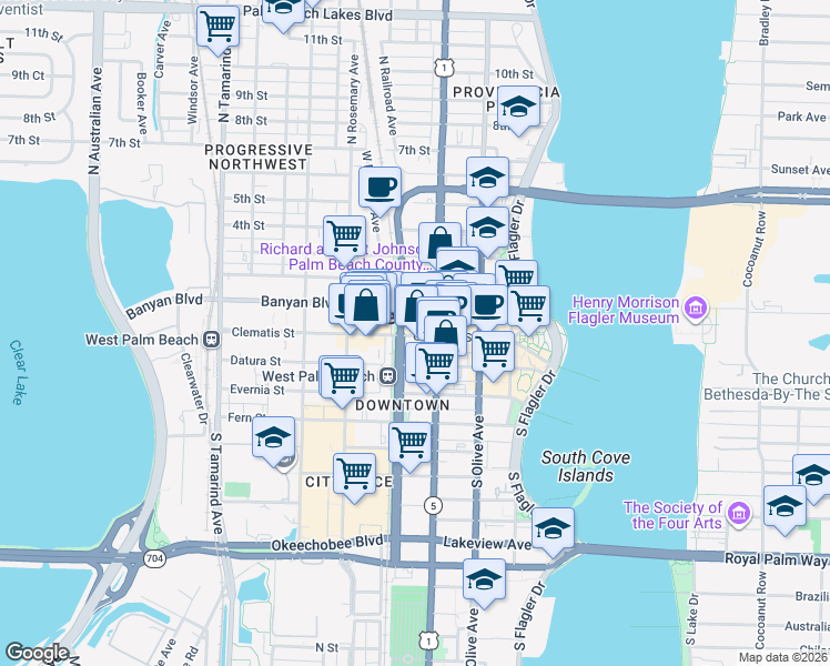 map of restaurants, bars, coffee shops, grocery stores, and more near 401 North Clematis Street in West Palm Beach