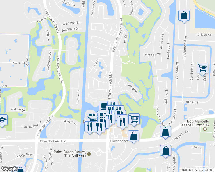 map of restaurants, bars, coffee shops, grocery stores, and more near 101 Heatherwood Drive in Royal Palm Beach
