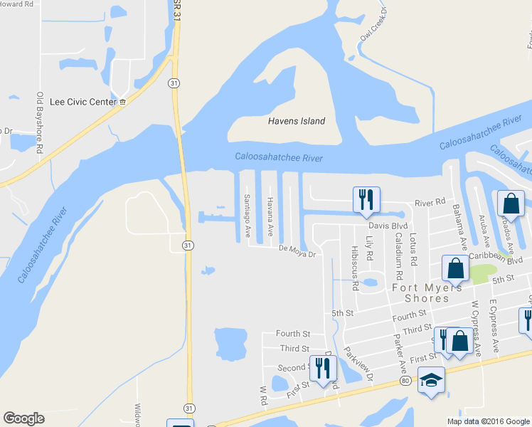 map of restaurants, bars, coffee shops, grocery stores, and more near 2225 Havana Avenue in Fort Myers