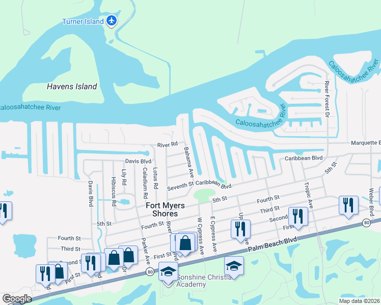 map of restaurants, bars, coffee shops, grocery stores, and more near 2050 Bahama Avenue in Fort Myers