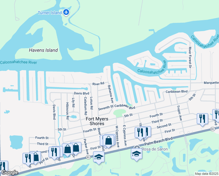 map of restaurants, bars, coffee shops, grocery stores, and more near 2100 Bahama Avenue in Fort Myers